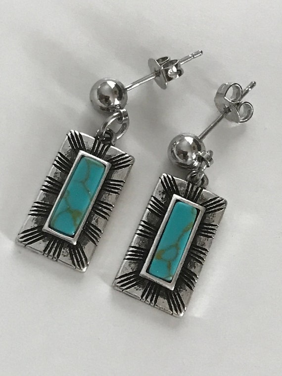 Western Trail Rectangle Turquoise Gem stone on Si… - image 1