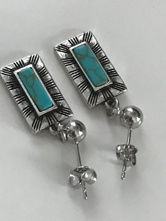 Western Trail Rectangle Turquoise Gem stone on Si… - image 5