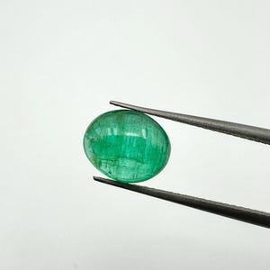 Könnte beinhalten: Ein oval geschliffener Smaragd, gehalten von einer Pinzette. Der Edelstein hat eine satte grüne Farbe und zeigt interne Merkmale. Die Pinzette ist dunkelgrau, vor einem weißen Hintergrund.