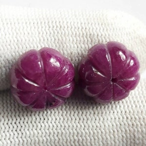 Natural Ruby Melon Carved Beads hand made ,smooth plain, Rondelle 2 Piece Ruby Beaded  Gemstones For Jewelry -  15  MM - 47  ct