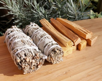 White Sage Smudge and Palo Santo Bundles, 4" White Sage Smudge Bundle & Holy Wood, Smudge Sticks, Complete Ritual, Smudging Ceremonies Set.