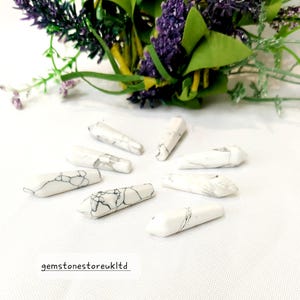 May include: Eight white howlite crystal points with black veining. The points are arranged on a white surface. The image includes the text "gemstonestoreukltd".