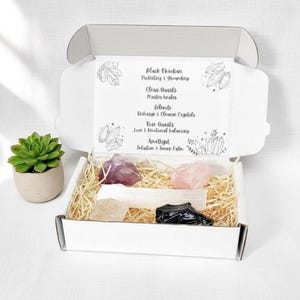 Raw Crystal Starter Kit, Rose Quartz, Black Obsidian, Amethyst, Clear Quartz, Selenite Gemstone Set,  Beginner Crystal Gift . UK Seller.