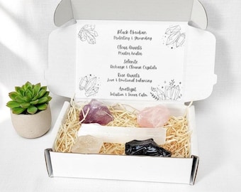 Raw Crystal Starter Kit, Rose Quartz, Black Obsidian, Amethyst, Clear Quartz, Selenite Gemstone Set,  Beginner Crystal Gift . UK Seller.