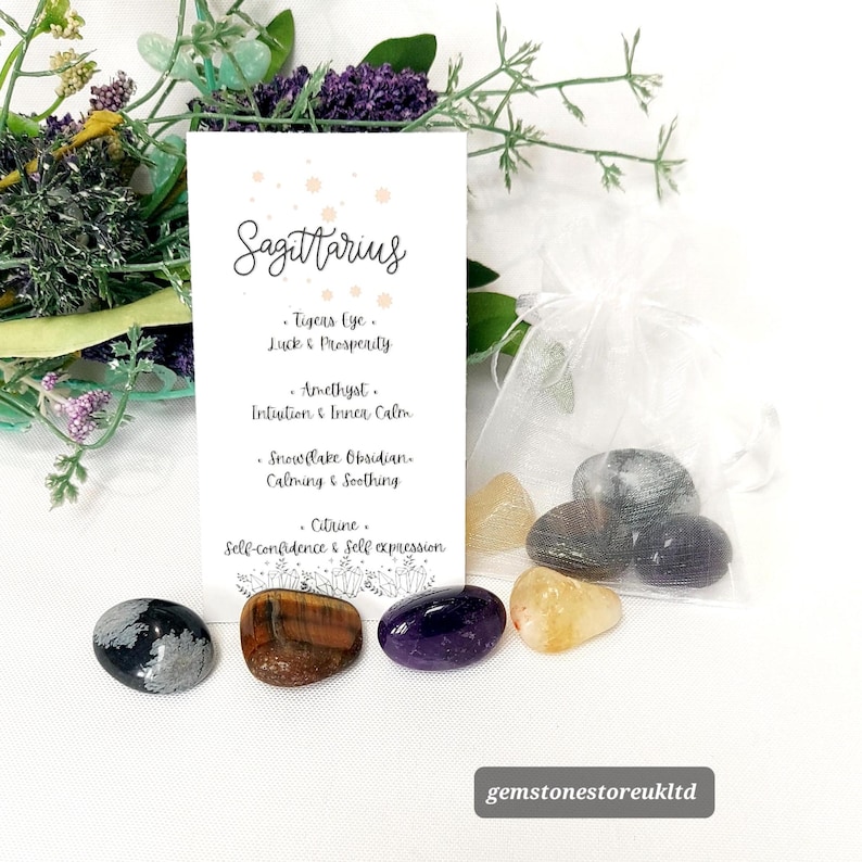 Sagittarius Zodiac Crystal Kit, Citrine, Amethyst, Snowflake Obsidian Tiger Eye, Crystal Healing Set. Sagittarius Birthday Gift. UK Seller.