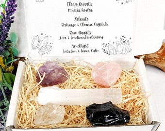 Raw Crystal Starter Kit, Rose Quartz, Black Obsidian, Amethyst, Clear Quartz, Selenite Gemstone Set,  Beginner Crystal Gift . UK Seller.