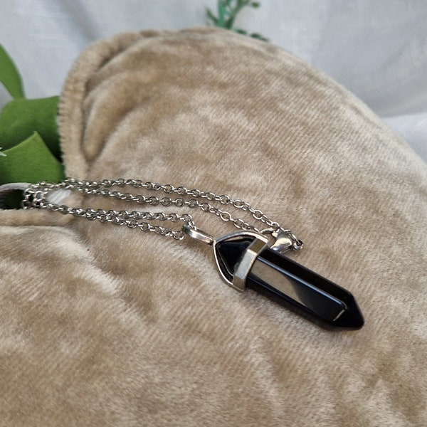 Black Obsidian Point Pendant & Chain, Black Obsidian Double Terminated Point Pendant, Hexagonal Jewellery, UK Seller.