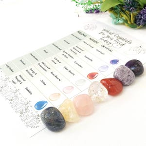 May include: A set of seven tumbled crystals with a chart listing the crystals and their corresponding feelings. The crystals are amethyst, lepidolite, carnelian, clear quartz, rose quartz, citrine, and sodalite.