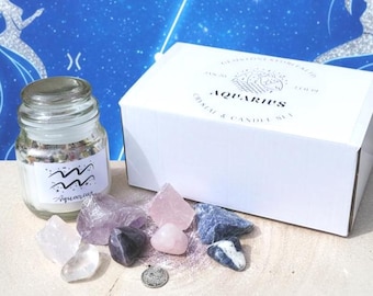Aquarius Zodiac Crystal & Candle Kit, Aquarius Zodiac Crystal Set with Energizing Candle, Celestial Crystal and Candle Bundle, UK Seller