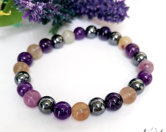 Empath Protection Bracelet, Amethyst, Hematite & Fluorite, 8mm Gemstone Stretch Bracelet, Spiritual Protection,Handmade Crystal Healing Gift