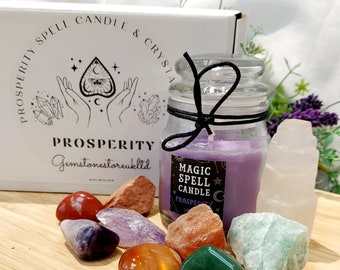 Prosperity Spell Candle with Prosperity Crystal Kit, Prosperity Gift for Her/Him, Prosperity Spell Kit, Tumble and Raw Prosperity Crystals.