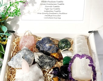 Personalised Mystery Crystal Box, Random Box of Crystals, Tumble Stones, Rough Stones, Selenite, Palo Santo, Bracelets, Incense.. UK Seller.