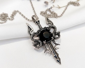 Natural Black Obsidian Dragon Sword Pendant Necklace, Gothic Alloy Dragon Jewellery, Gothic Jewellery for Men and Women. UK Seller