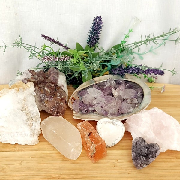 Unique Perfectly Imperfect Crystal Box, Clearance Crystals, Reduced, Sale, End of Line, Geodes, Cluster, Selenite,Worry Stone, Abalone Shell
