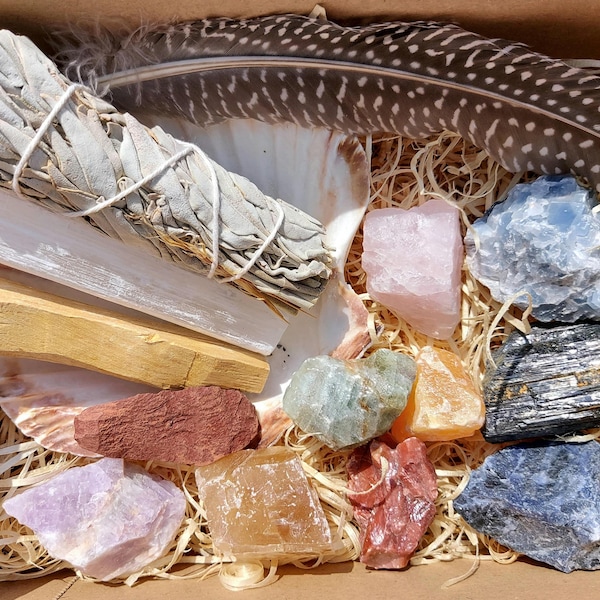 15 Piece Crystal & Sage Kit Rough Crystal Premium Quality Raw Crystals Sage Palo Santo Selenite Shell Pack Smudging Cleansing Healing Set