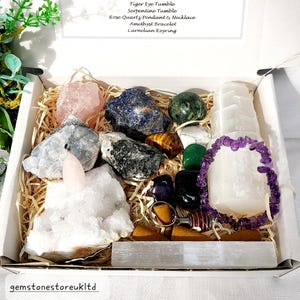 Curated Crystal Gift Box Set with Bracelet, Pendant & Keyring - Raw Stones, Selenite, Gemstone Collection.
