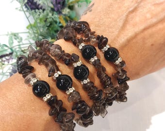 Smokey Quartz Chip Bead Bracelet, Gemstone Bracelet For Her, Chip Stretch Bracelet, Smokey Quartz Jewellery, UK Seller.
