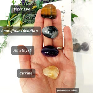 May include: A hand displays four polished gemstones: Tiger Eye, Snowflake Obsidian, Amethyst, and Citrine. The Tiger Eye is brown with black stripes, the Snowflake Obsidian is black with white inclusions, the Amethyst is deep purple, and the Citrine is yellow. The text "Tiger Eye", "Snowflake Obsidian", "Amethyst", and "Citrine" are displayed.