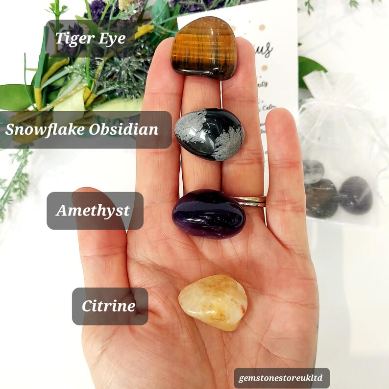 May include: A hand displays four polished gemstones: Tiger Eye, Snowflake Obsidian, Amethyst, and Citrine. The Tiger Eye is brown with black stripes, the Snowflake Obsidian is black with white inclusions, the Amethyst is deep purple, and the Citrine is yellow. The text "Tiger Eye", "Snowflake Obsidian", "Amethyst", and "Citrine" are displayed.