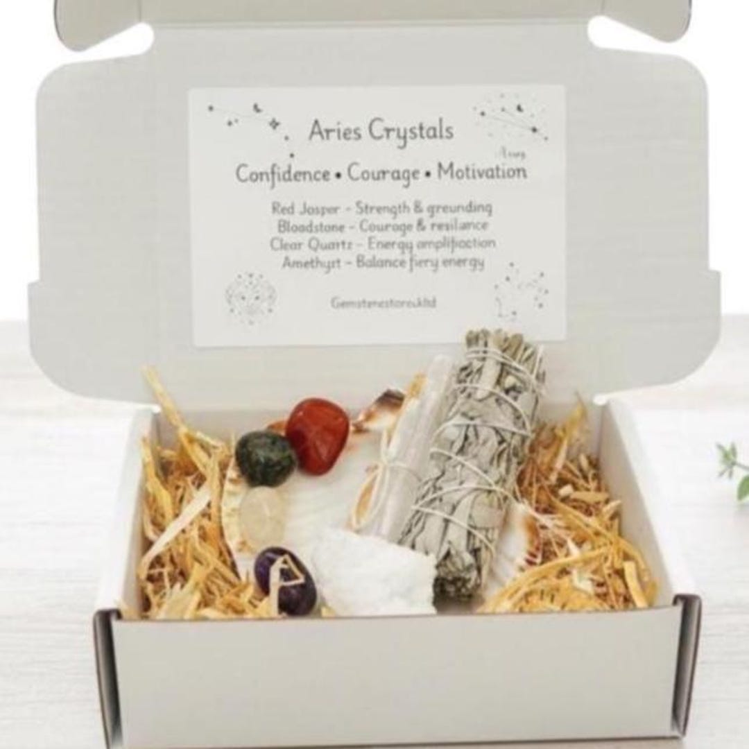 Aries Crystal Set – Zodiac Gift Box – Sage Palo Santo Smudging Kit ...