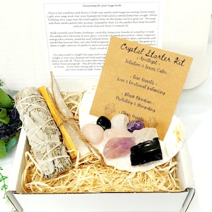 White Sage & Crystal Starter Kit, Scallop Shell, Palo Santo, Selenite Stick, Rose Quartz, Black Obsidian, Amethyst,Clear Quartz.