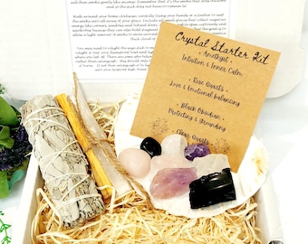 White Sage & Crystal Starter Kit, Scallop Shell, Palo Santo, Selenite Stick, Rose Quartz, Black Obsidian, Amethyst,Clear Quartz.