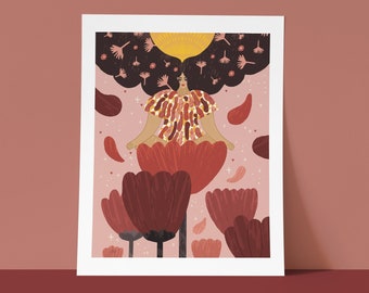 Blossom Art Print, Woman Red Flower Art Print, Boho Art Print, Wall Decor, Feminine Empowerment