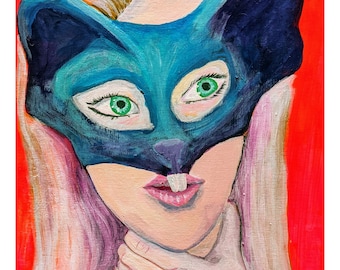 Surreal Woman Portrait Art Print | Rat Mask Painting | Weird Colorful Wall Art | Eclectic Figurative Art | Unusual Art Print