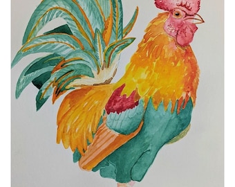 Watercolor Rooster Print | Colorful Rooster Wall Art | Farmhouse Kitchen Decor | Chicken Art Print | Farm Animal Art