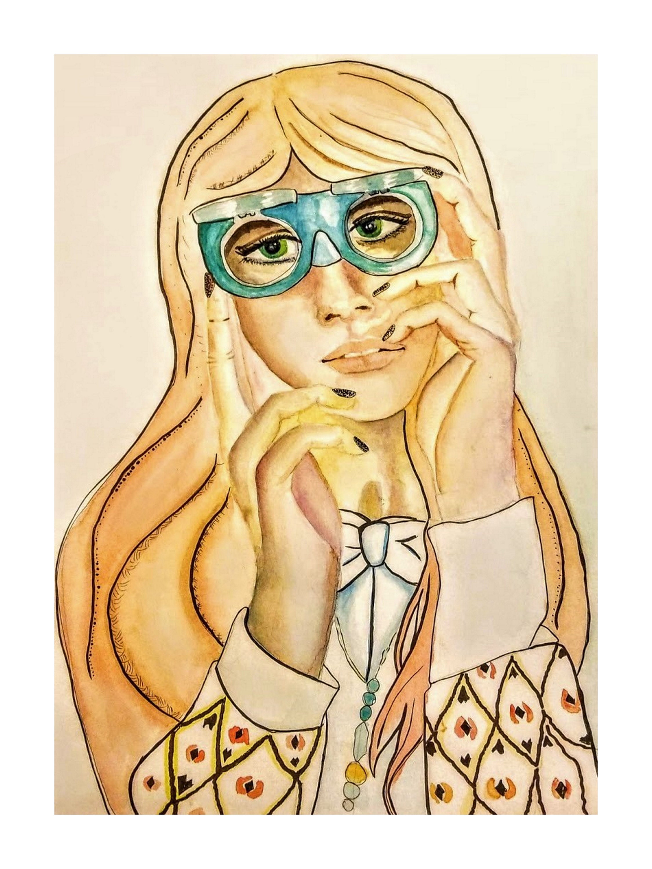 Watercolor Women with Goggles Print | Modern Watercolor Woman | Hands and Face Art Print