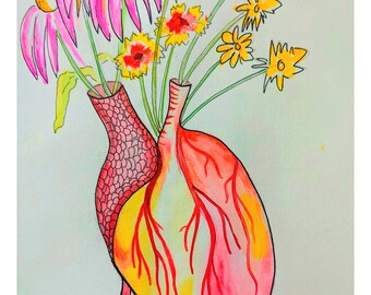 Floral Anatomical Heart Art Print | Watercolor Human Heart | Botanical Anatomy Wall Art | Wildflower Medical Art