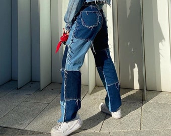 distressed patchwork jeans