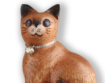 Miniature chat sculpté à la main et peint à la main bois naturel unique H=10 cm