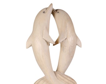 Von Hand geschnitzte wunderschöne deko Holz Miniatur Delfin Paar romantisches Liebespaar . Ideal als Valentin Geschenk