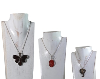 Miniatuur kettinghouder, sieradenstandaard, kettingdisplay, houten sieradenbuste, set van 3 - 10 / 15 / 20 cm, wit shabby chic stijl