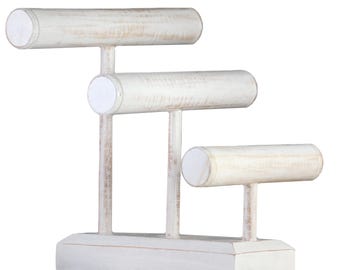 Wooden Bracelet Holder Display Stand, Storage Organizer Presentation Showcase, 3 Tiers for 30 Bracelets, Shabby Chic Style in white wash