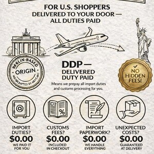 Puede incluir: Un anuncio de Carvedzoo Premium DDP Export Service, con texto e ilustraciones. El gr&aacute;fico destaca "DDP - Derechos pagados" para compradores de EE. UU., sin tarifas ocultas. Los iconos representan los derechos de importaci&oacute;n, las tarifas de aduana, el papeleo y los costos inesperados, todos a 0,00 &euro;.