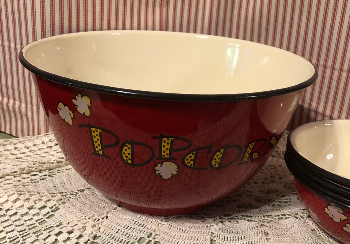 New Red Enamelware Popcorn Set Popcorn Bowl with 4 Serving Etsy
