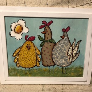 Folk Art Hand Painted Chicken Painting Wall Decor Kitchen Decor 3 Hens Hen Art Whimsical Art Housewarming Birthday Friendship