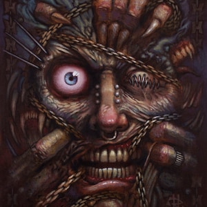 May include: A grotesque, chained face with a single, large, blue eye, a stitched-up mouth, and a nose ring. The face is covered in chains and other metal objects, and the background is a dark, textured surface.