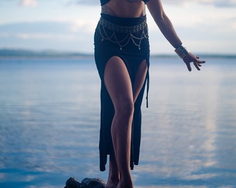 Serena Black – Asymmetrical Skirt - Double Slit Skirt - Flamenco Skirt - Burning Man Costume - Fire Performer