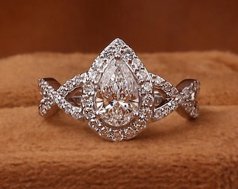 Pear Lab Grown Diamond Ring Pear Shaped Halo Engagement Ring Genuine Lab Grown Diamond Anniversary Ring Simple Diamond Ring for Girlfriend