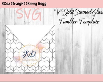 May include: A digital design template for a 30 ounce straight skinny tumbler. The template features a geometric pattern with a gold hexagon and the initials "KD" for "Kara Designs".