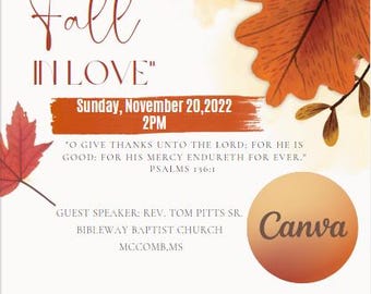 Pode incluir: Um panfleto para um evento da igreja chamado "Let's Fall in Love" no domingo, 20 de novembro de 2022 às 14h. O panfleto apresenta um fundo de aquarela de folhas de outono e uma citação do Salmo 136:1. O evento será realizado na Igreja Batista Mt. Teamer Freewill em Independence, LA. O palestrante convidado é o Rev. Tom Pitts Sr. da Igreja Batista Bibleway em McComb, MS.