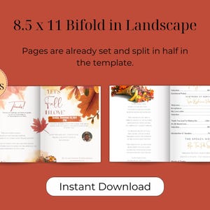May include: A 4-page bifold template in landscape format, measuring 8.5 x 11 inches. The template features a fall theme with autumn leaves and the text "Let's Fall in Love". The template is designed for a memorial service and includes sections for the order of service, the spoken word, and a thank you note.