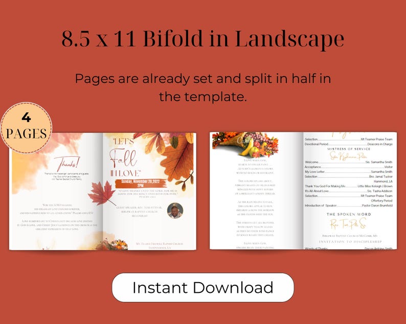 May include: A 4-page bifold template in landscape format, measuring 8.5 x 11 inches. The template features a fall theme with autumn leaves and the text "Let's Fall in Love". The template is designed for a memorial service and includes sections for the order of service, the spoken word, and a thank you note.