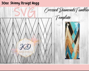 May include: A digital template for a 30oz skinny straight tumbler with a crossed diamonds design. The template features a black and white chevron pattern and a blue, white, gold, and black design on the tumbler.