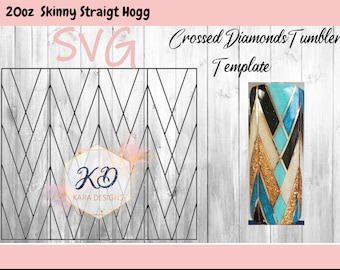 May include: A digital template for a 20 oz skinny straight tumbler with a crossed diamonds pattern. The template is in black and white and features a chevron pattern. The text "Crossed Diamonds Tumbler Template" is at the top of the image.