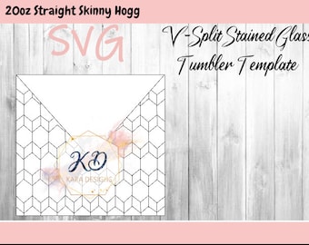 May include: A black and white geometric pattern with a gold hexagon and a watercolor design. The design includes the initials "KD" and the text "KARA DESIGNS". The text "20oz Straight Skinny Hogg SVG V-Split Stained Glass Tumbler Template" is at the top of the image.