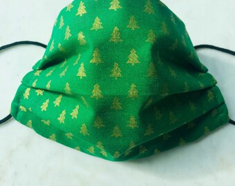 Trees Face Mask, Tiny Gold Trees Green Glitter Cotton Fabric, Lightweight Face Mask, Filter Pocket, Super Cute, Super Comfortable